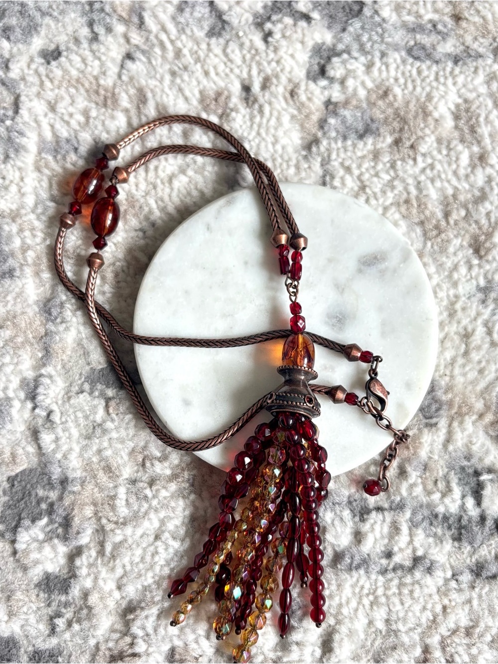 Vintage Bohemian Red Beaded Fall Colored Tassel Pendant Necklace